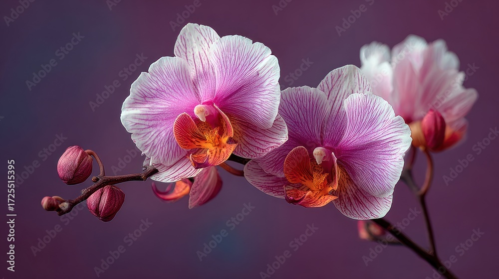 Obraz premium Pink and white orchid blossoms against dark purple background