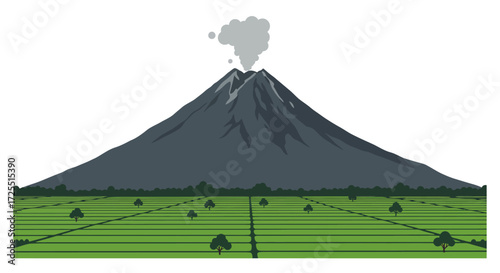 Volcano Landscape with Green Fields and Smoke Plume Illustration.
