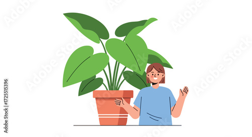 Illustration of a smiling woman standing behind a potted plant, symbolizing home, health, and the joy of nurturing nature indoors