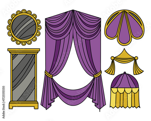 Elegant Purple and Gold Interior Design Elements: Mirrors, Curtains, Canopies Illustration