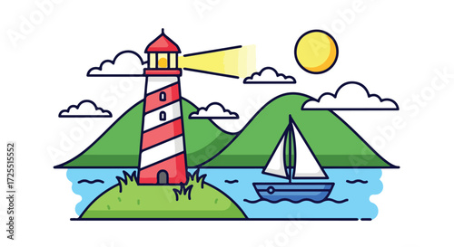 Seaside serenity: a stylized illustration of a lighthouse, sailboat, and sunny coastline evoking a sense of calm and coastal adventure
