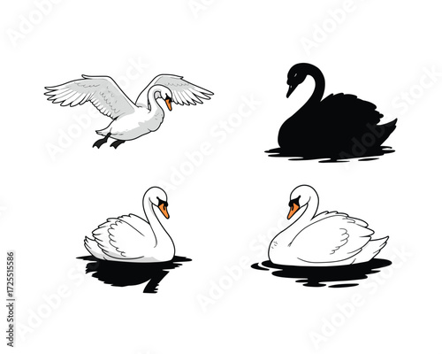 Four distinct artistic illustrations of swans showcasing different poses and styles including a flying white swan a black swan silhouette and two white swans on water