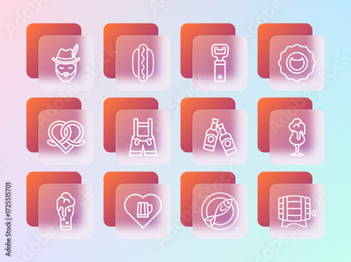 Set line Bottle opener, Heart with glass of beer, Beer bottle, Dried fish, Lederhosen, Oktoberfest man and Hotdog sandwich icon. Vector