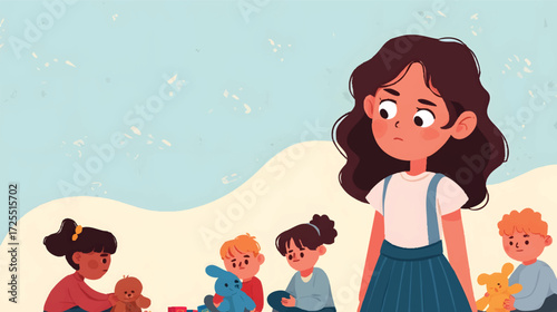 Lonely girl among playing children