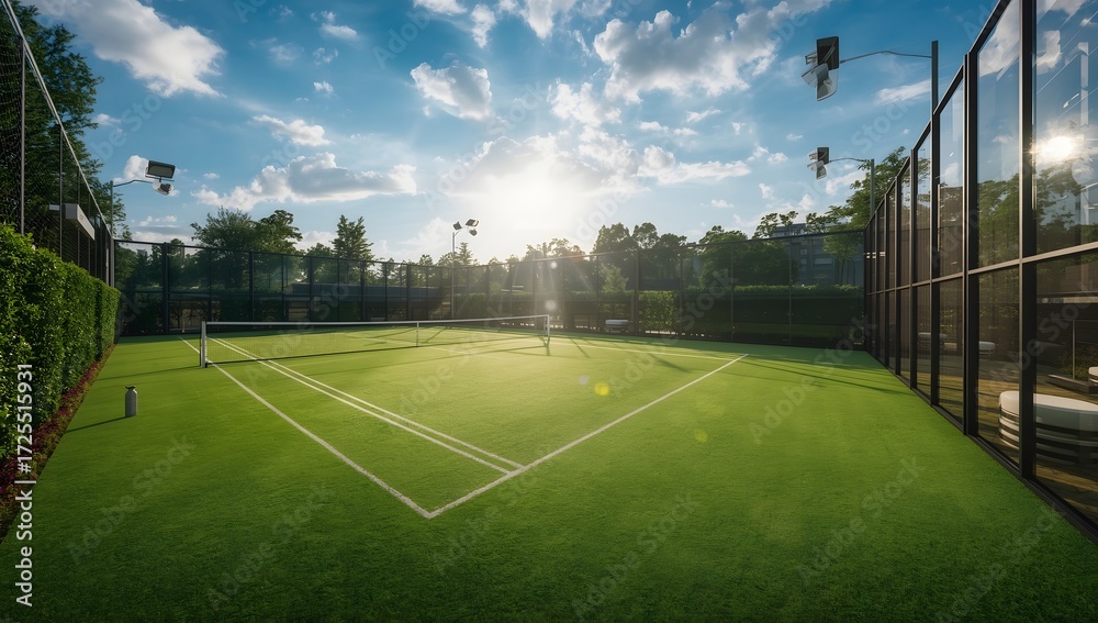 Fototapeta premium Modern padel court on bright sunny day with white court lines