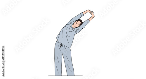 Illustration of a person in pajamas stretching to the side for health and well-being first thing in the morning