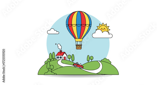 Whimsical Journey: Cartoon Landscape with Hot Air Balloon, House, and Red Car, a scene imbued with cheerfulness and a sense of childlike wonder