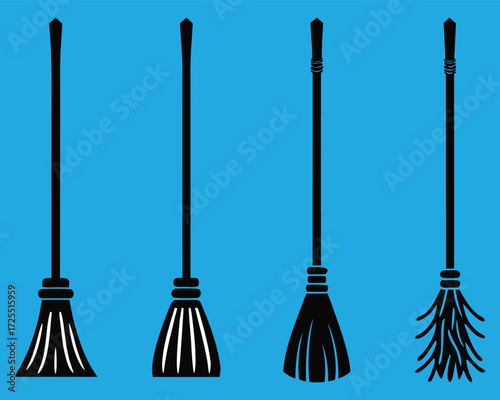 Various Halloween Witch Broomstick Silhouettes on Blue Background for Spooky Decorations