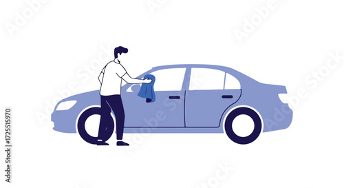 Man meticulously cleans his blue car with a cloth, ensuring a polished and pristine finish showcasing personal car care