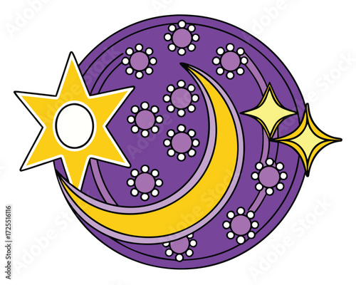 Whimsical Star and Crescent Moon Celestial Design with Purple Flower Accents Graphic