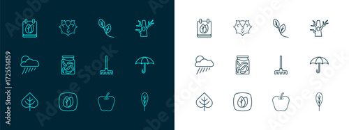 Set line Bare tree, Leaf, Garden rake, Apple, Pickled cucumbers in jar, Calendar with autumn leaves and Chestnut icon. Vector