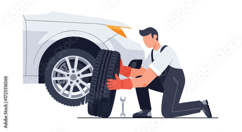 Mechanic professionally installing a car tire at a modern repair shop automotive maintenance and service for customer safety and smooth driving