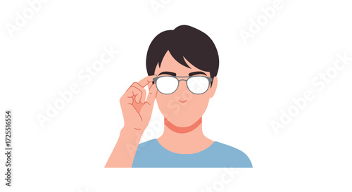 Man adjusting his glasses, peering intently with a sense of focus and attention to detail, a portrait illustration conveying vision correction and