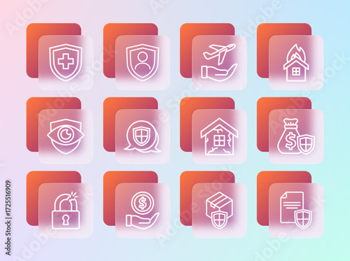 Set line Fire in burning house, Money with shield, House, Delivery security, Shield, Plane hand, Life insurance and icon. Vector