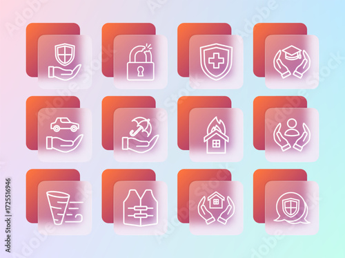 Set line Education grant, Life jacket, Fire in burning house, House hand, Umbrella, insurance with shield, Shield and Broken or cracked lock icon. Vector