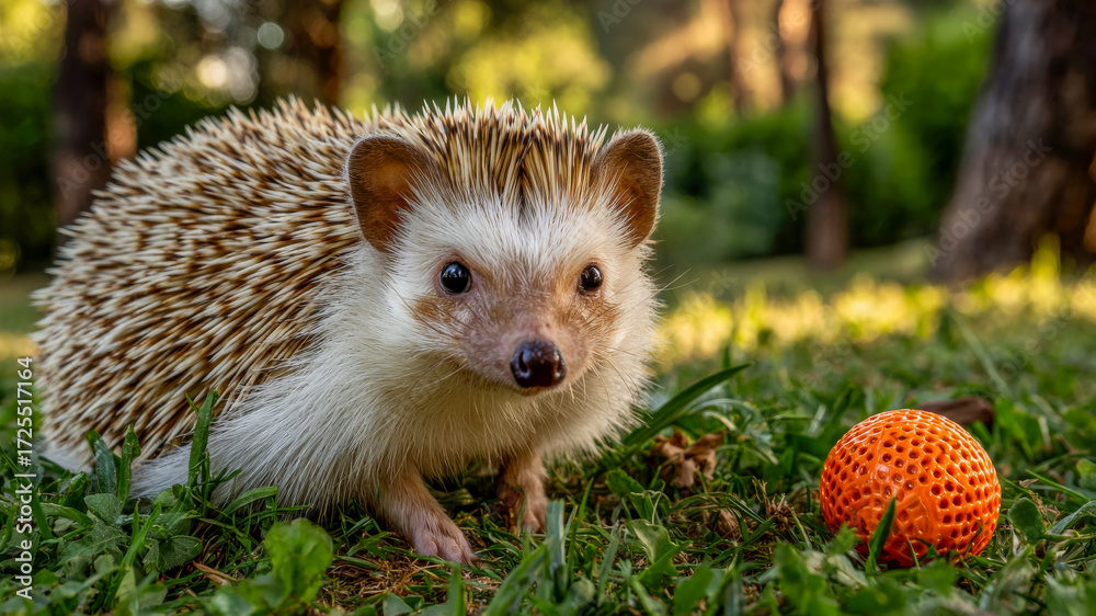Naklejka premium Curious hedgehog exploring a sunny garden with a vibrant orange ball on a warm afternoon