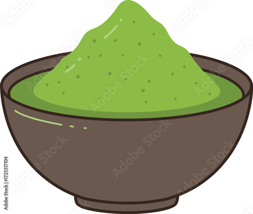 Vibrant green matcha powder in a traditional brown bowl freshly prepared for culinary use isolated on transparent background