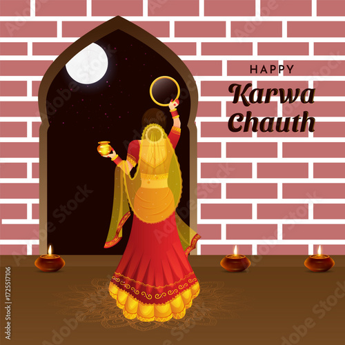 Karwa Chauth Married women Indian festival celebration Poster, Banner or greeting card design Vector Illustration.