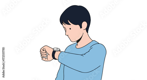 Illustrated man anxiously checks wristwatch for punctuality or deadline awareness in a simple style
