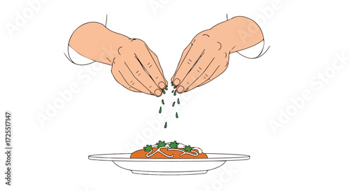 Culinary artist delicately garnishing a gourmet dish with fresh herbs and seasoning with careful precision to elevate the presentation