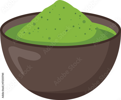 Vibrant green matcha powder pile in a rustic brown bowl for culinary and wellness use isolated on transparent background
