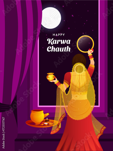 Karwa Chauth Married women Indian festival celebration Poster, Banner or greeting card design Vector Illustration.