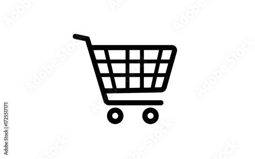 A simple, clean, black and white icon representing a shopping cart with wheels and a handle.