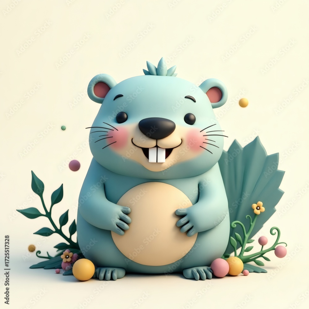 Obraz premium a cute, cartoonish beaver smiles warmly with floral background