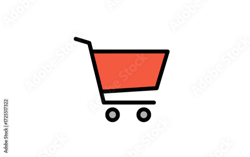 A simple, minimalist icon of a red shopping cart with a black outline and two wheels, isolated on a white background.