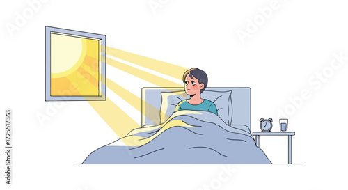 Sunlight Awakening: A person in bed bathed in early morning light with an alarm clock and glass of water on the nightstand peacefully starts the day