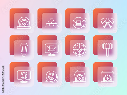 Set line Crossed hammer, Horseshoe, Round shield, Blacksmith oven, anvil tool, and Gold bars icon. Vector