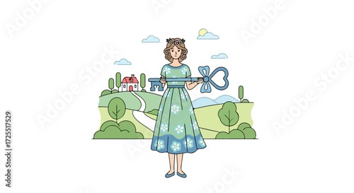 Whimsical illustration of a woman holding a heart-shaped key against a charming countryside scene conjuring feelings of home, love, and new