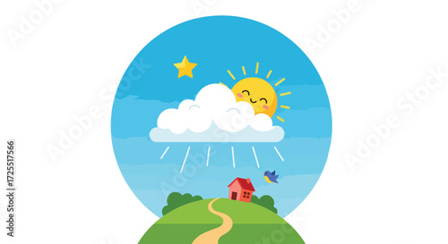 Charming sunny weather illustration with gentle raindrops nurturing a quaint house on a verdant hill landscape serene ambiance