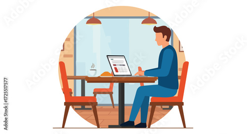 Illustration of a man working on a laptop in a cafe setting with coffee and pastry showcasing digital nomadism and remote work lifestyle