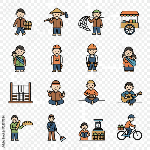 A vibrant collection of cartoon character icons illustrating the diverse professions and daily activities of a local community