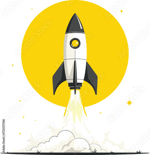 Rocket launching soaring to new heights representing a business beginning and achieving success