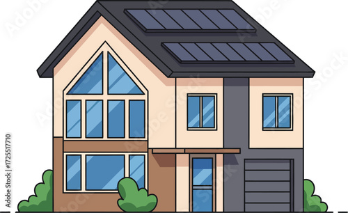 Modern two-story house with solar panels and large windows charming residential property isolated on transparent background