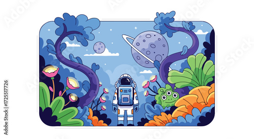 Astronaut's colorful intergalactic discovery journey through a vibrant alien flora with whimsical planets and stars under serene skies exploration