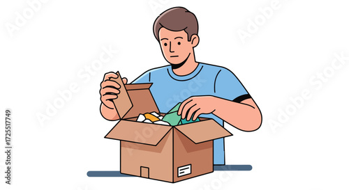 Illustrative depiction of a young man unpacking a brown cardboard box with items inside, showcasing a moment of discovery or arrangement in a simple