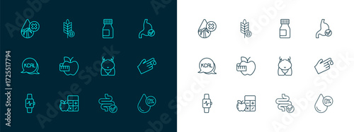 Set line Human stomach health, Calorie calculator, Obesity, Intestines, Apple and measuring tape, Vitamins, Palm oil free and Gluten grain icon. Vector