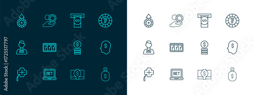 Set line Casino chips, Online sports betting, with dollar, Stacks paper money cash, Slot machine jackpot, Automated teller and, and Hand holding casino icon. Vector