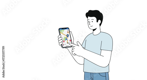 Illustrated man using mapping app on smartphone for navigation, modern style, showing gps location with map design interface for direction and