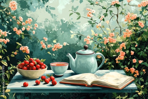 Romantic tea time with flowers and open book outdoors