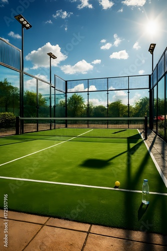 padel court with vibrant green synthetic turf and blue sky with fluffy clouds