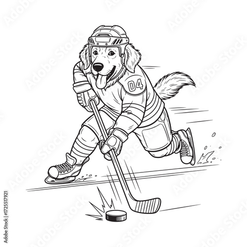 Dog hockey player in action: A canine athlete, fully geared up in hockey uniform, fiercely skates across the rink, stick in hand, ready to strike the puck