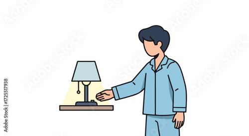 Illustration depicting a man in pajamas reaching to turn off a bedside lamp before going to sleep at night