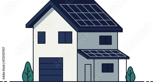 Modern two-story house with solar panels and garage door subtle greenery isolated on transparent background
