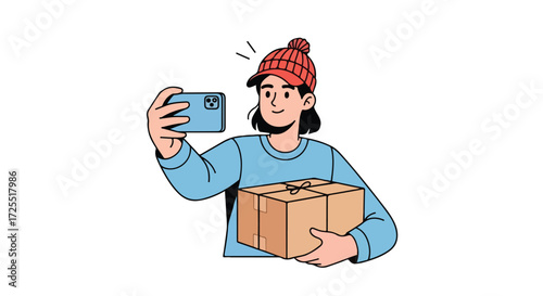 Woman capturing a parcel delivery moment with her smartphone, wearing a cozy beanie and blue sweater, against a clean white background emphasizing