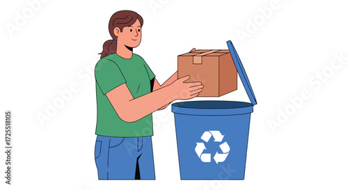 Cartoon woman recycling cardboard box into bin symbol eco responsibility and sustainability lifestyle effort for environment management