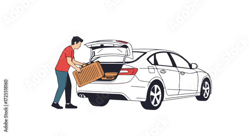 Man loading suitcase into car trunk, preparing for road trip adventure, journey commencement, cartoon illustration, vacation readiness and departure
